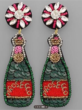 Prosecco Bottle Earrings Made with Sequins, Rhinestones,& Seed Beads